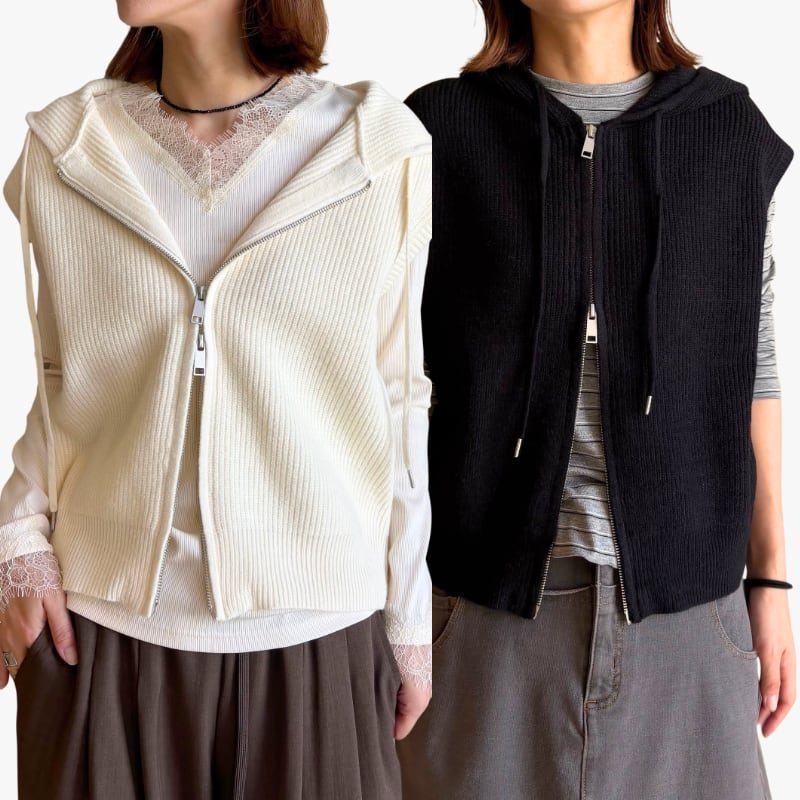 あぜ編みジップニットベスト