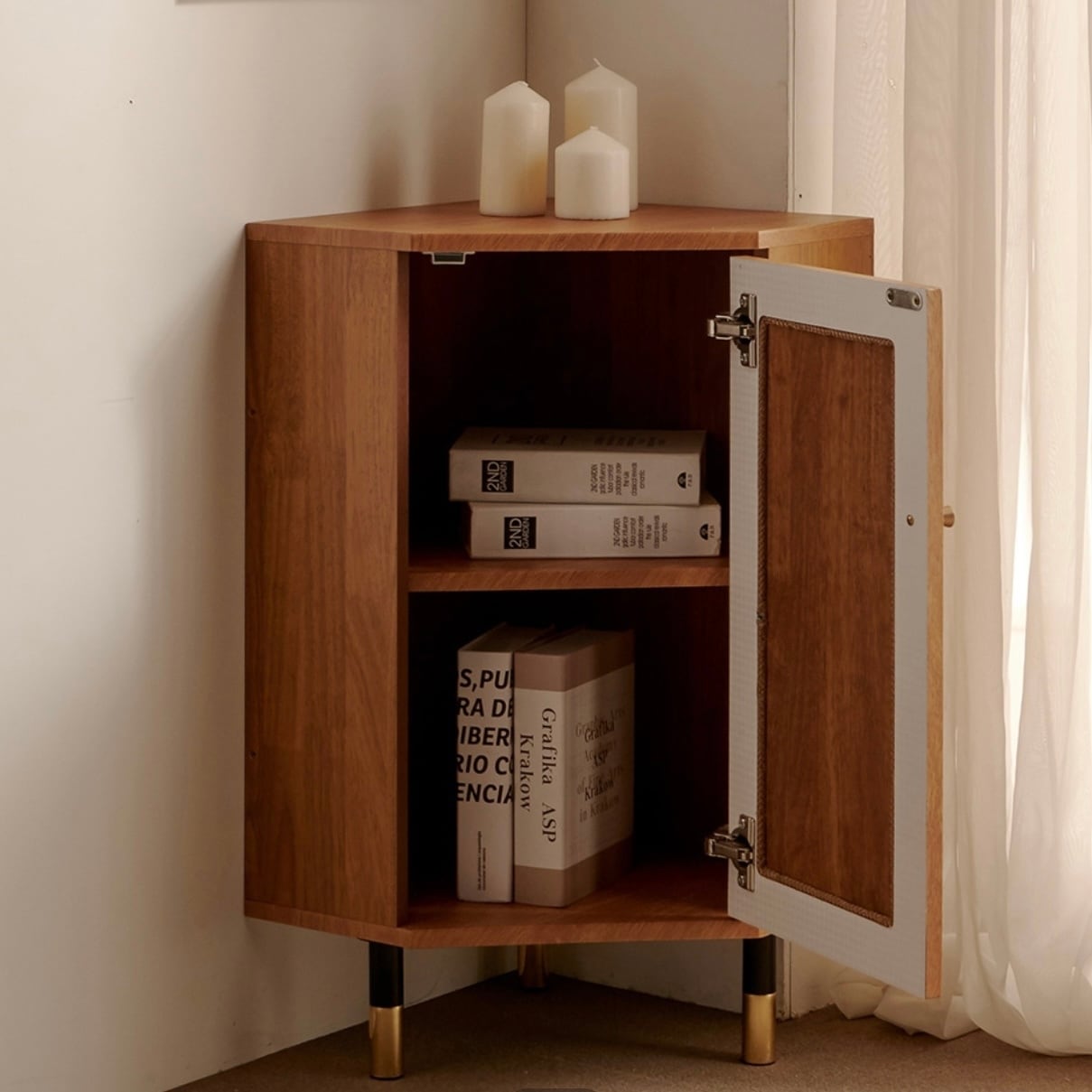 rattan wood corner shelf / ラタン ウッド コーナーシェルフ 角 収納