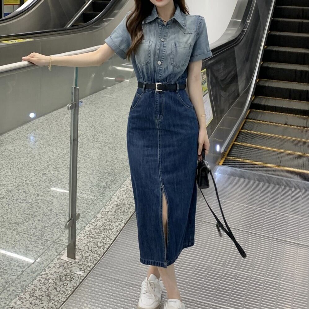 ワンピース レディース デニムワンピース デニムスカート ショート丈 ロング丈 半袖 襟付き ベルト スリット デニム タイト グラデーション かわいい 大人可愛い カジュアル レトロ おしゃれ お洒落 ラブリー キュート ガーリー 主役級 存在感 こなれ感 抜け感 フェミニン 無地 春 夏 10代 20代 30代 40代 学生 通学 デート お出かけ 女子会 休日 着回し 普段使い 韓国 韓国系 ファッション コーデ スタイル モテ 体型カバー 脚長 トレンド 流行 インスタ映え S M L 送料無料