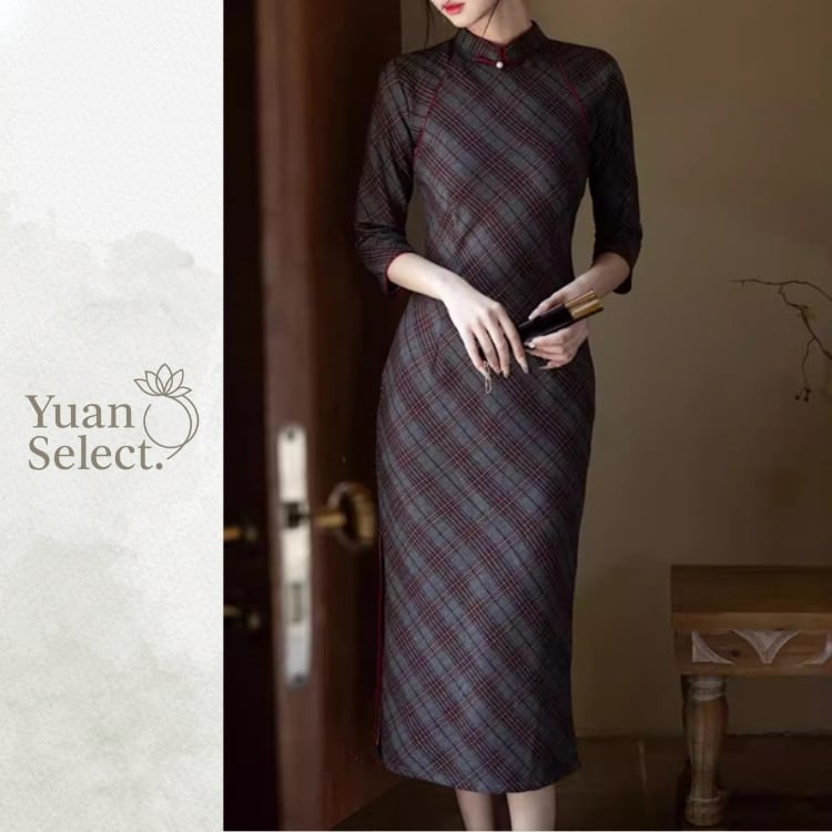 チェック柄クラシカル旗袍ワンピース　YS00036