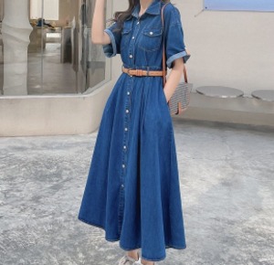 レディース ワンピース ミディアム丈 半袖 角襟 Aライン ベルト ウエストマーク 前開き ボタン 大人可愛い シンプル カジュアル おしゃれ ラフ ガーリー 主役級 存在感 ベーシック 無地 春 夏 ロングシーズン ママ カップル 10代 20代 30代 40代 デート お出かけ イベント 旅行 レストラン 女子会 休日 お花見 コンパ カフェ 楽ちん 体型カバー 普段使い モテ 清楚 定番 S M L XL ブルー ベーシックカラー 春カラー