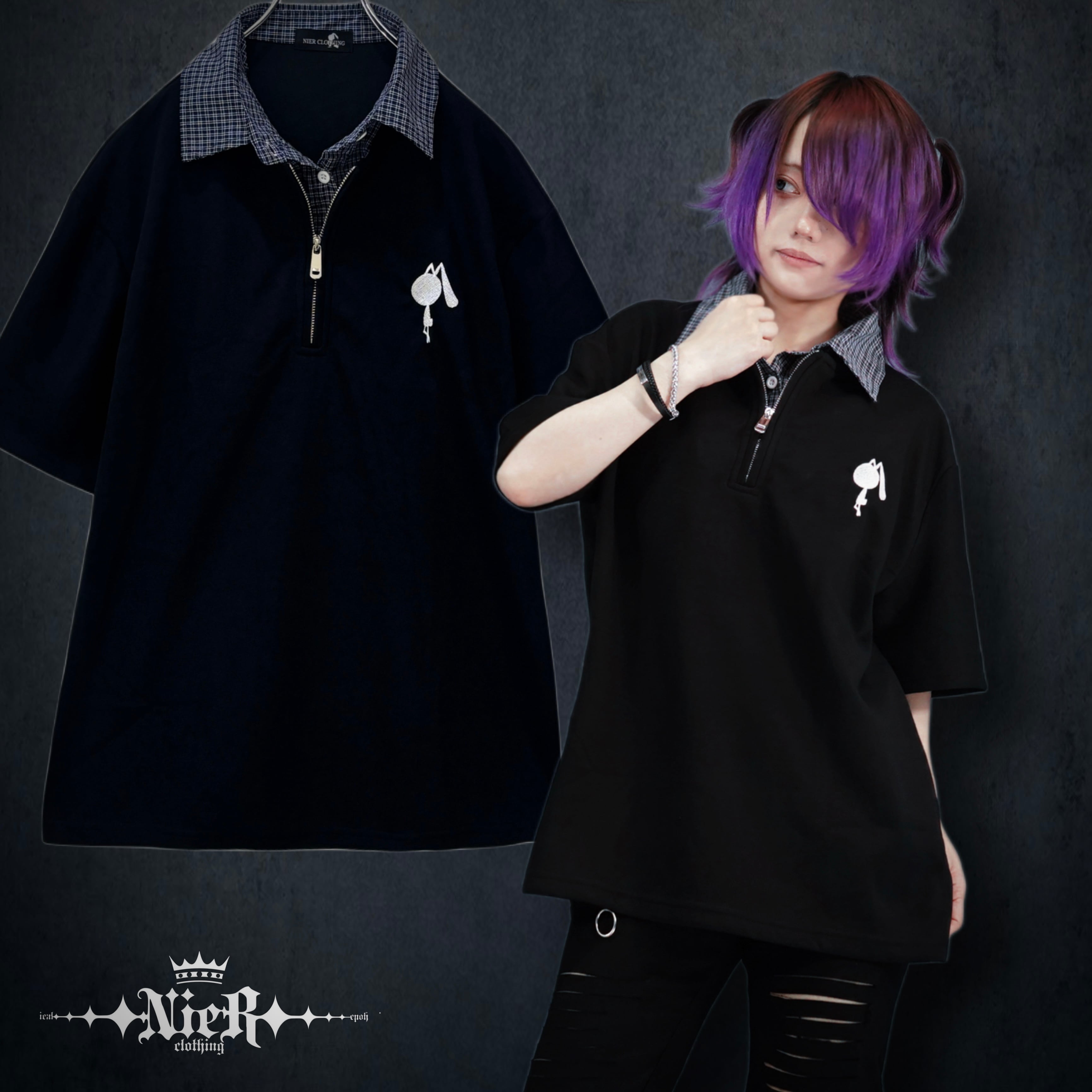 CHECK COLLAR FAKE LAYERED HALF ZIP TOPS【BLACK】 | NIER CLOTHING