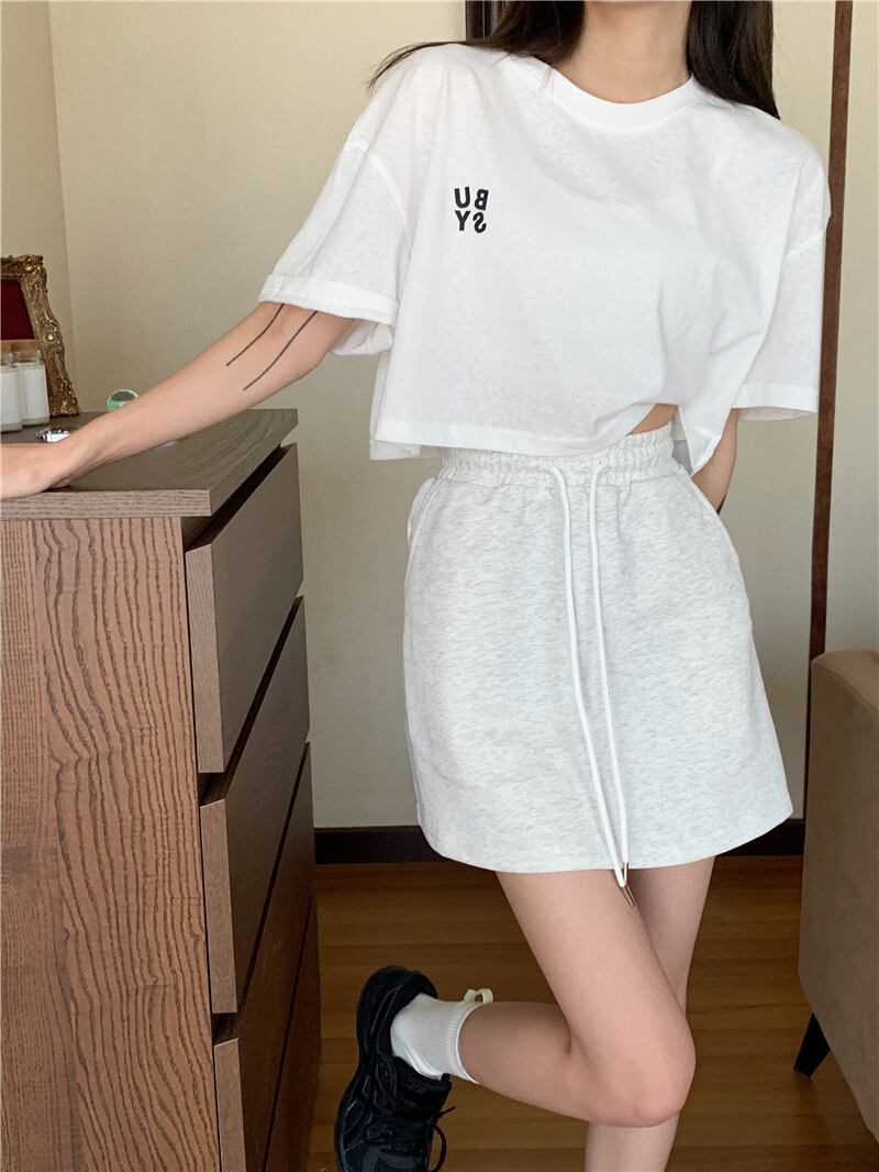 ストレッチウェストバンドスカート サマーAラインショートハイウェストスリム薄手 エラスティック 伸縮 夏物 ブラックストロベリース63924579731