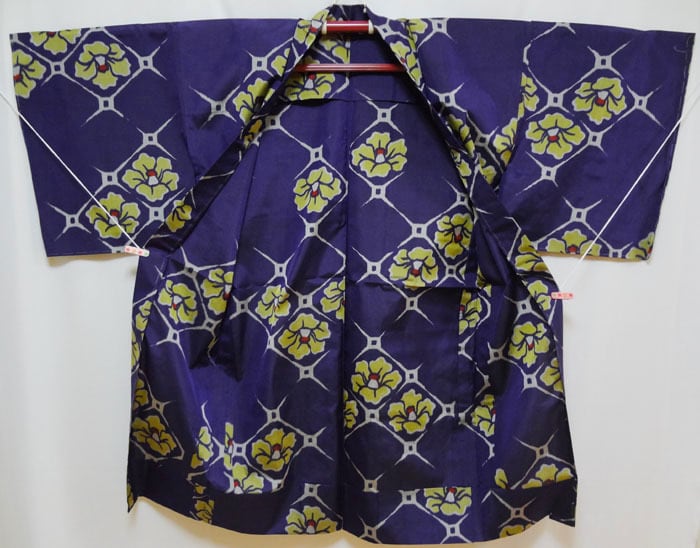 青紫色に椿 銘仙アンティーク長羽織 単衣 | アンティーク・リサイクル