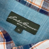 Eddie Bauer エディーバウアー チェック 七分袖シャツ XL/ブルー×オレンジ系 メンズ