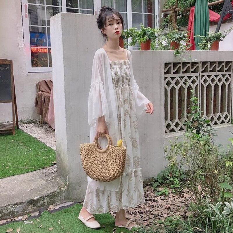 スカートの女性2020年の新しい夏の木製の耳は薄くて長いサスペンダードレス薄いスーパー妖精の日焼け止め秋のロングスカート 萌量不足91699856071