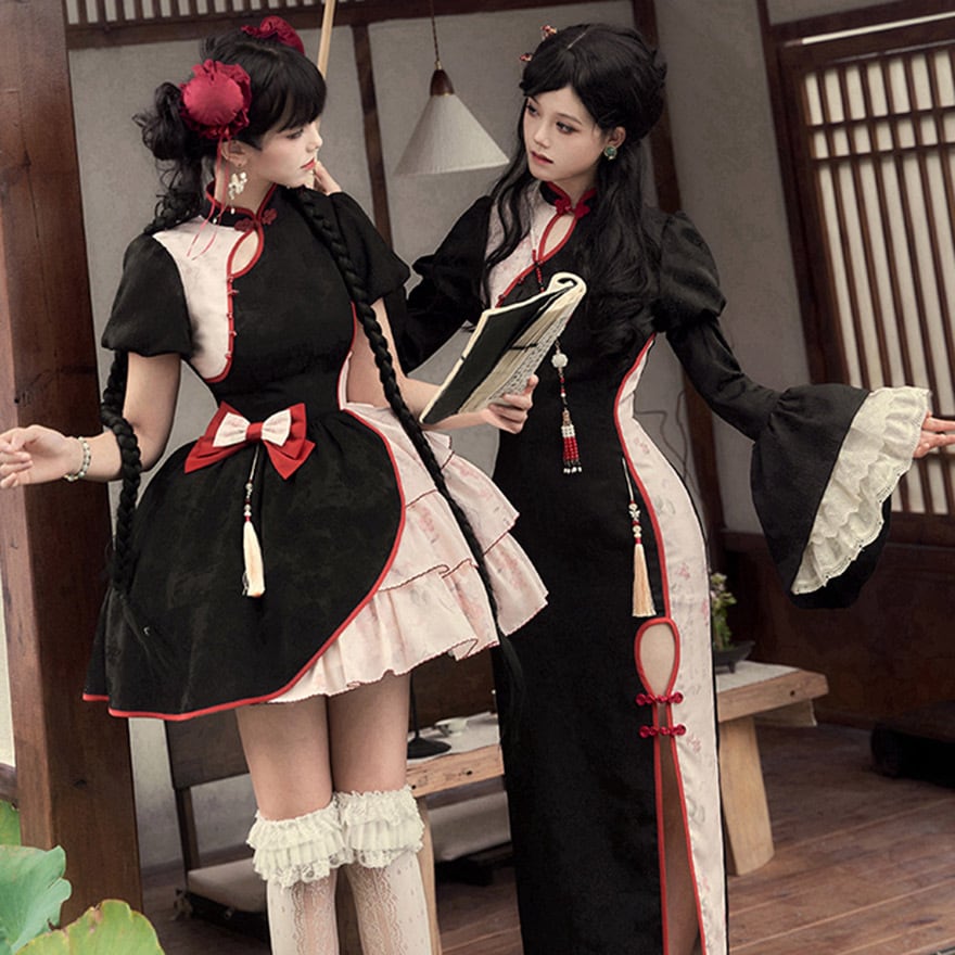 QutieFrash 着物袖風アームカバー付 オフショルダーチャイナワンピース QutieFrash 着物袖風アームカバー付 オフショルダーチャイナワンピース