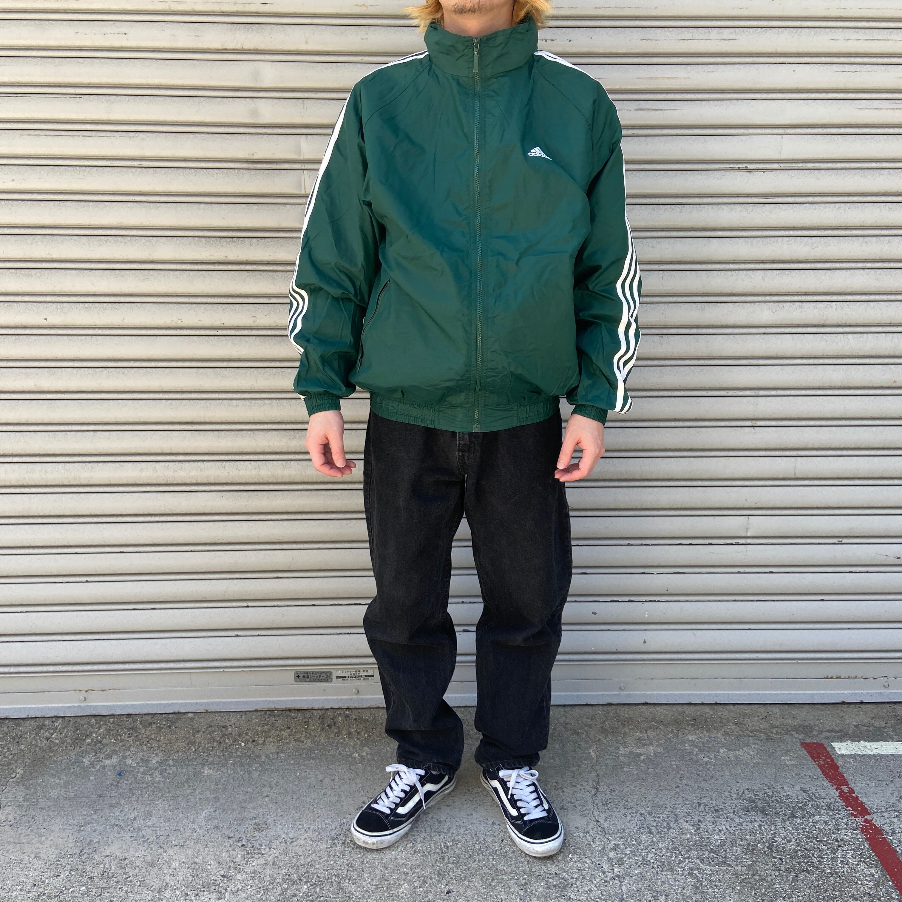 送料無料』90s adidas ナイロンジャケット パフォーマンスロゴ 緑 三本  