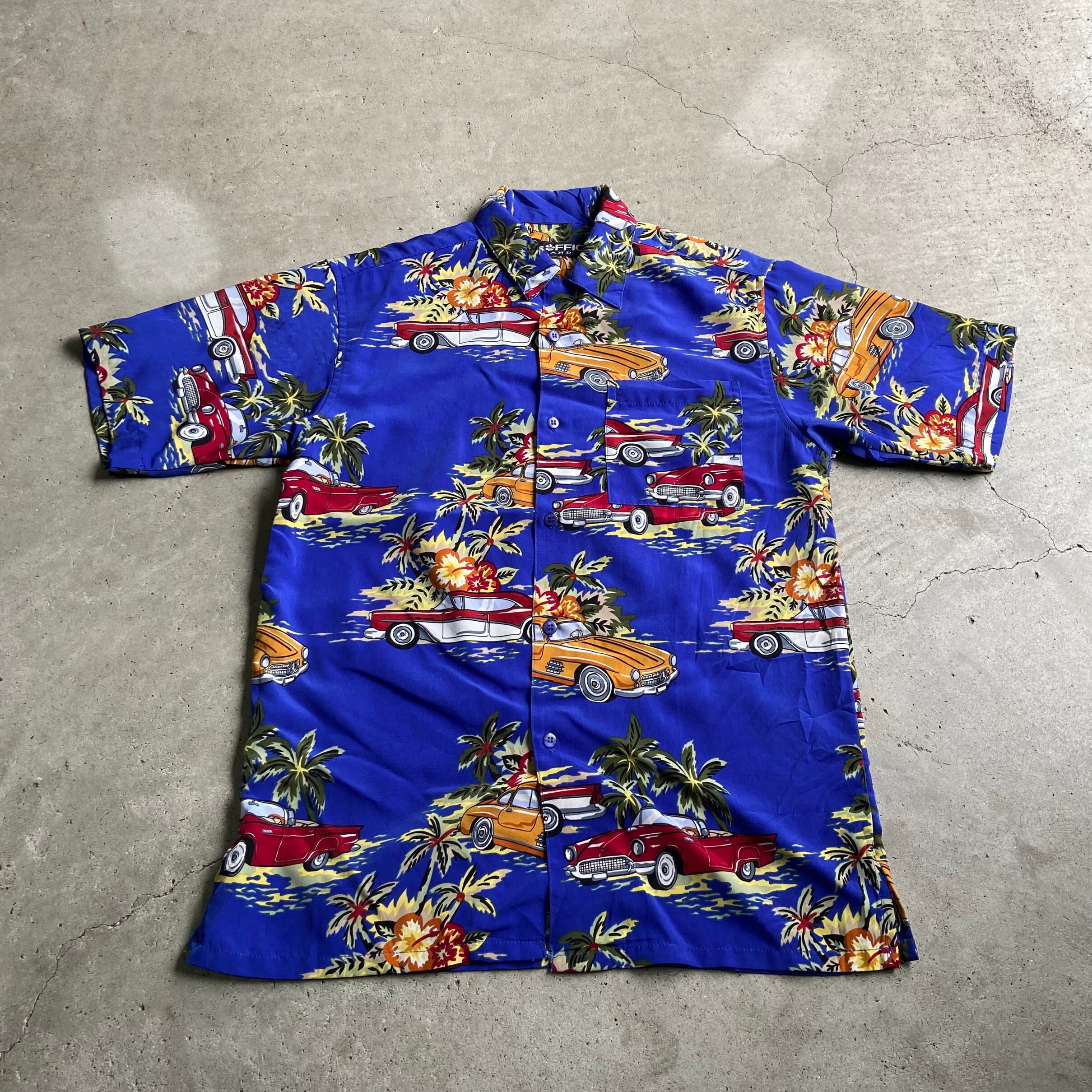 ブルー 総柄 ハワイアン アロハシャツ メンズ 車 ナイロン USA 半袖