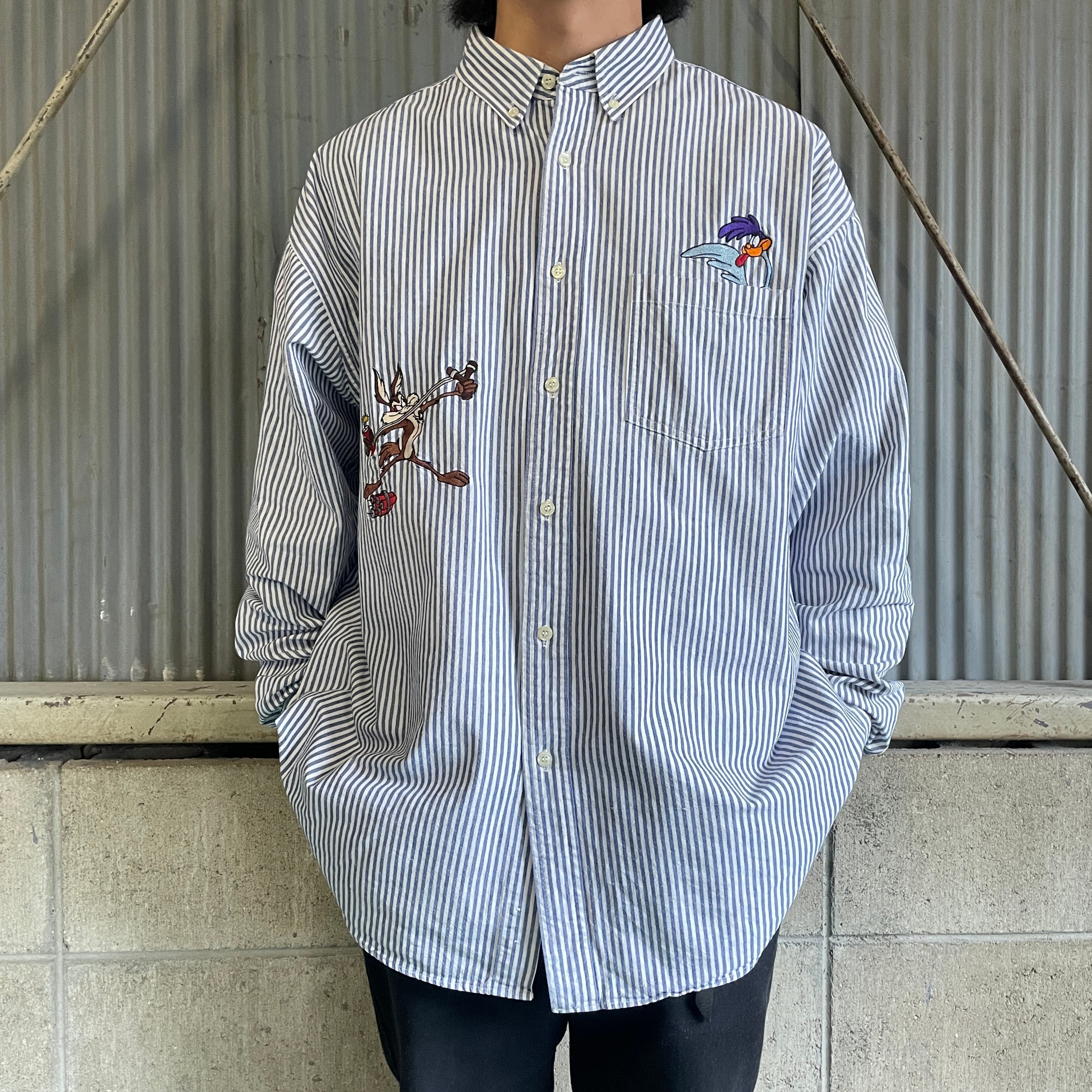 90年代 ルーニーテューンズ キャラクター刺繍 長袖 ストライプシャツ 