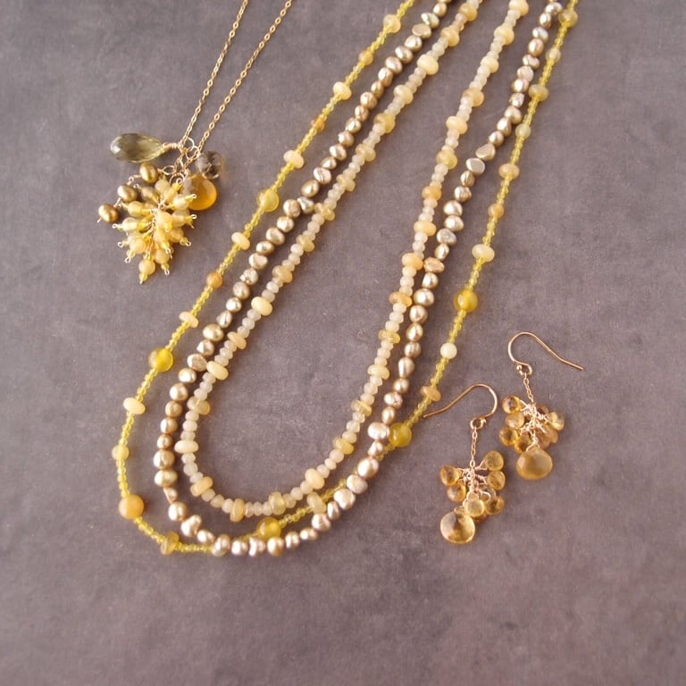 Yellow Opal × Gold Pearl × Yellow Agate Necklace/イエローオパール×ゴールドパール 3連ネックレス