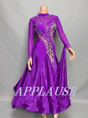 【新着】社交ダンス ドレス　スタンダード　モダンドレス　 ST-25-2　パープル（ハイネック）　M  デモ・競技用ドレス　発表会衣装　パーティドレス　ワンピース　舞台衣装
