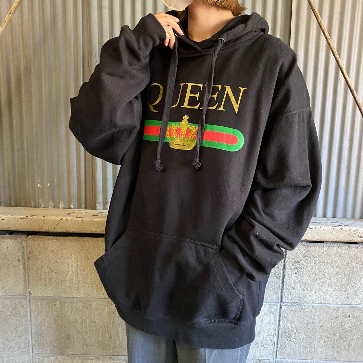 JON LAUREN グッチパロディー ロゴプリント スウェットパーカー メンズXL 古着 QUEEN フーディー ブラック  黒【パーカー】【SW20】【AN20】 | cave 古着屋【公式】古着通販サイト