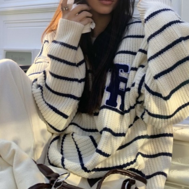 ボーダー柄ロゴワッペンニット 00035