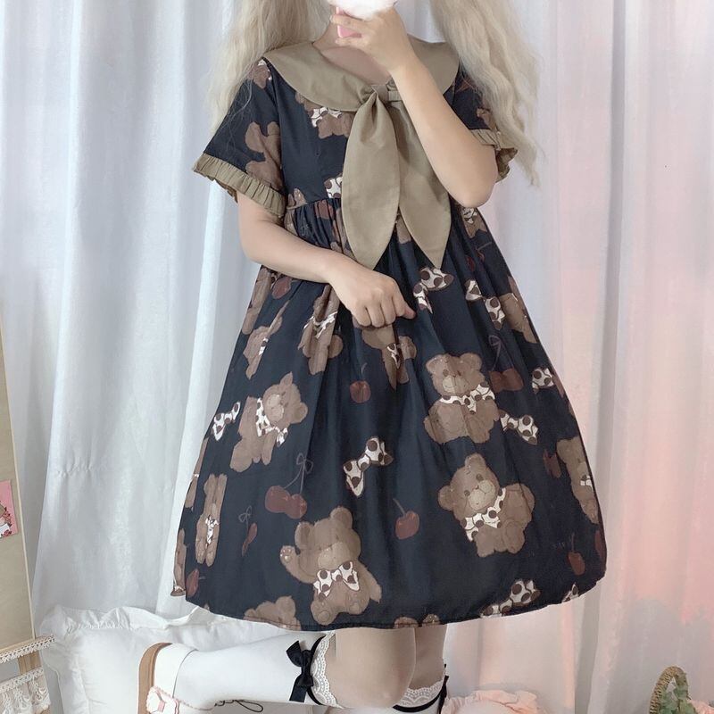 ワンピース 半袖 テディベア くまちゃん チェリー 柄 プリント