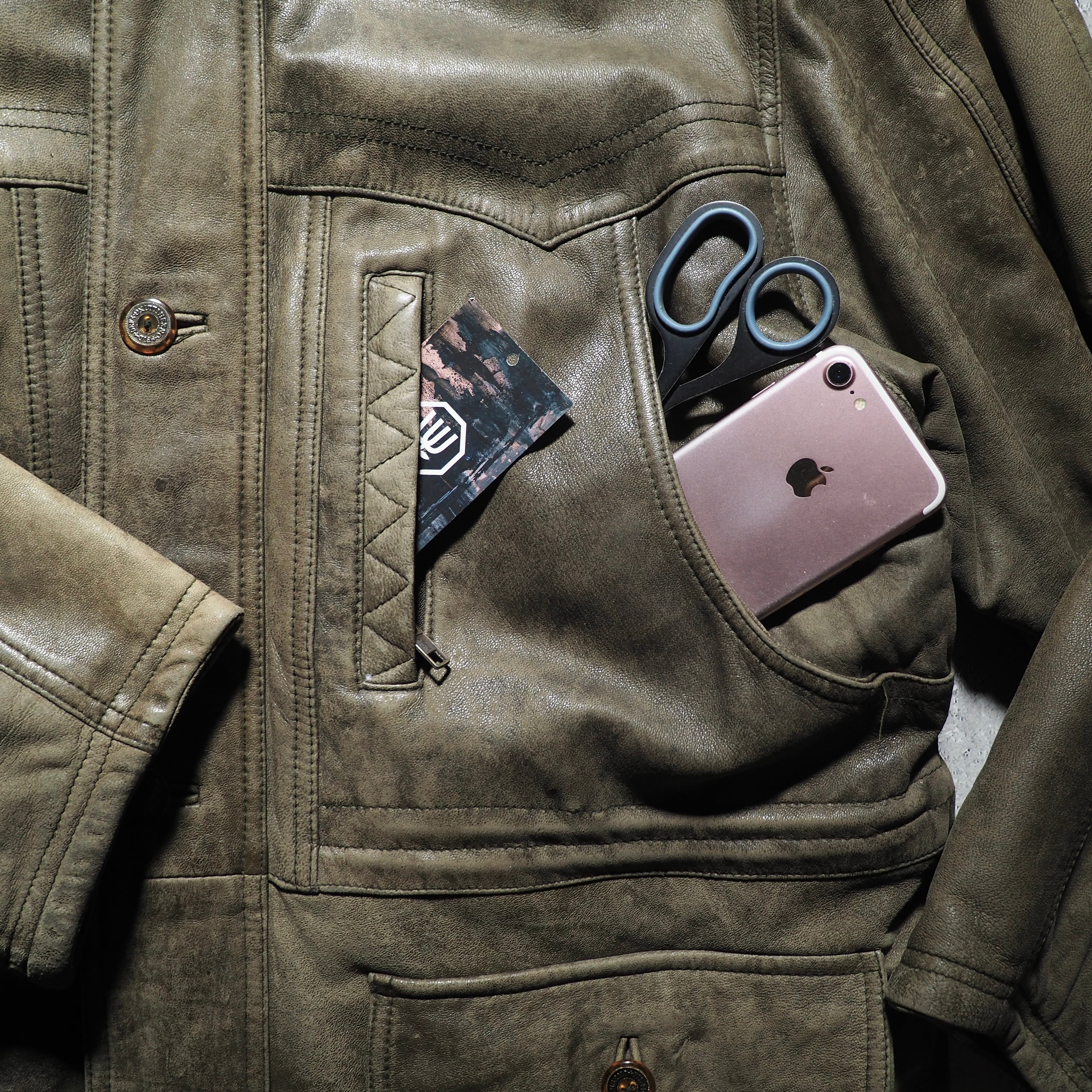 ” Deformation - 変形 ” Beautiful aging Fade color vintage loose sheep leather jacket