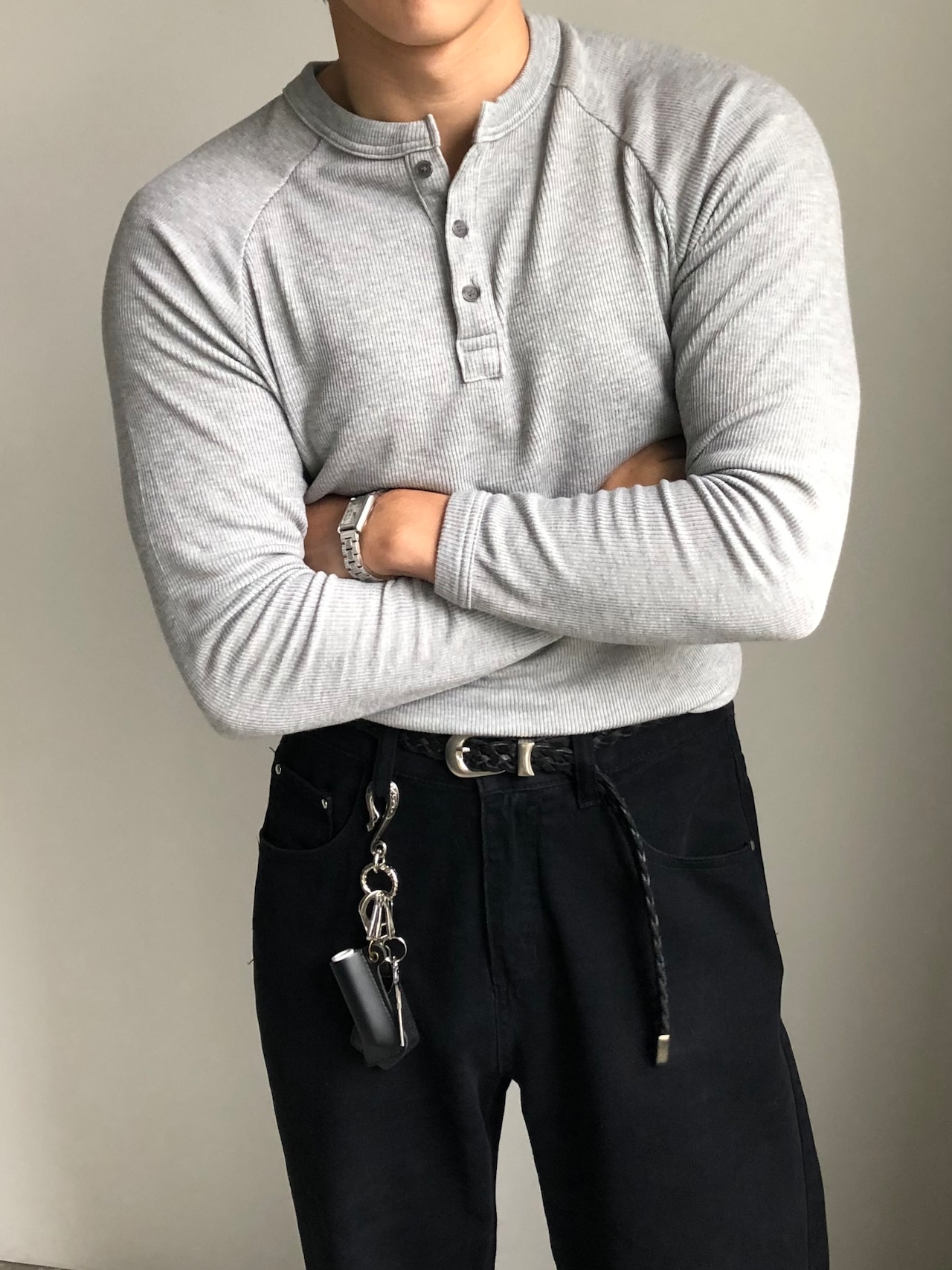 【Muscle Fit】Ribbed Henley Neck Long Sleeve Knit (4color) - 8