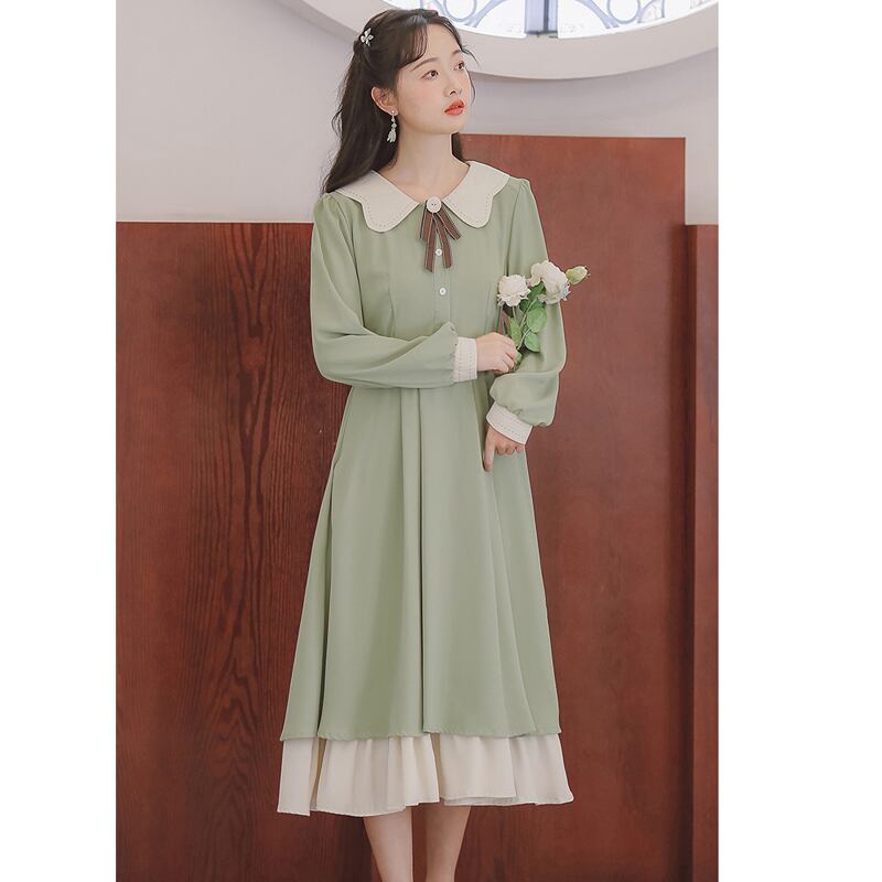 書槿笙シリーズ ロングワンピース 2color 緑or紫 リボン レトロ ドレス 無地 シンプル 着痩せ Elegant 書槿笙シリーズ ロングワンピース 2color 緑or紫 リボン レトロ ドレス 無地 シンプル 着痩せ Elegant