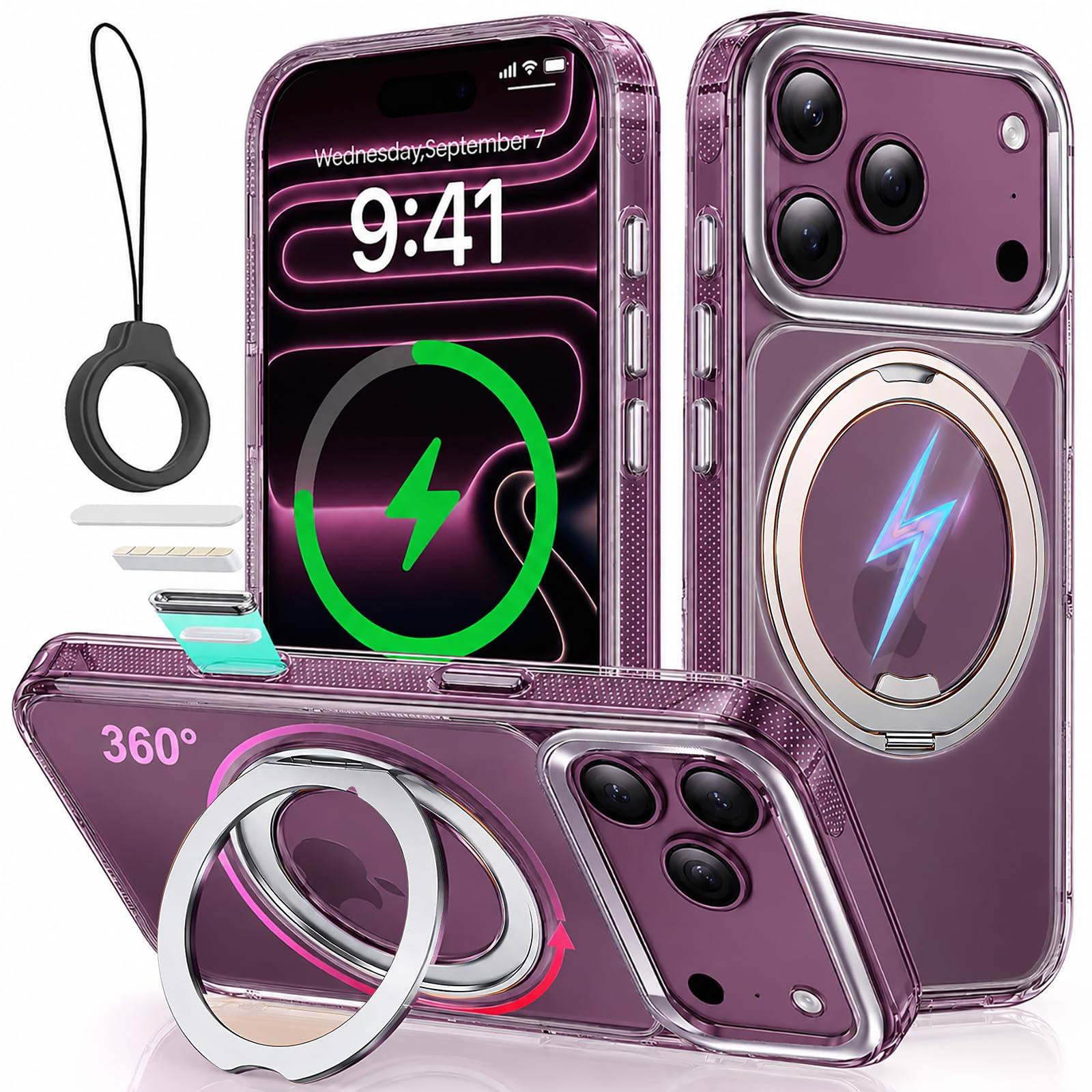 OJBSEN iPhone 18 Pro/17 Proケース アイフォン18プロ/17プロカバー Magsafe対応 360°回転スタンド縦横両対応