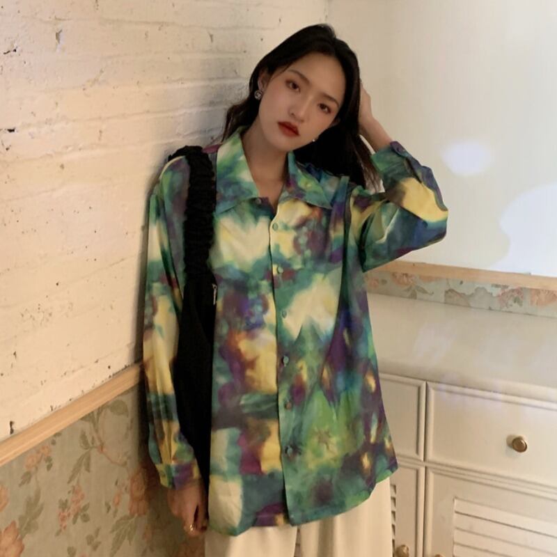 スタンダードプリントシャツ スプリングスタイルルーズトップス ロング レトロ 春物 YY-ファッション14373681396