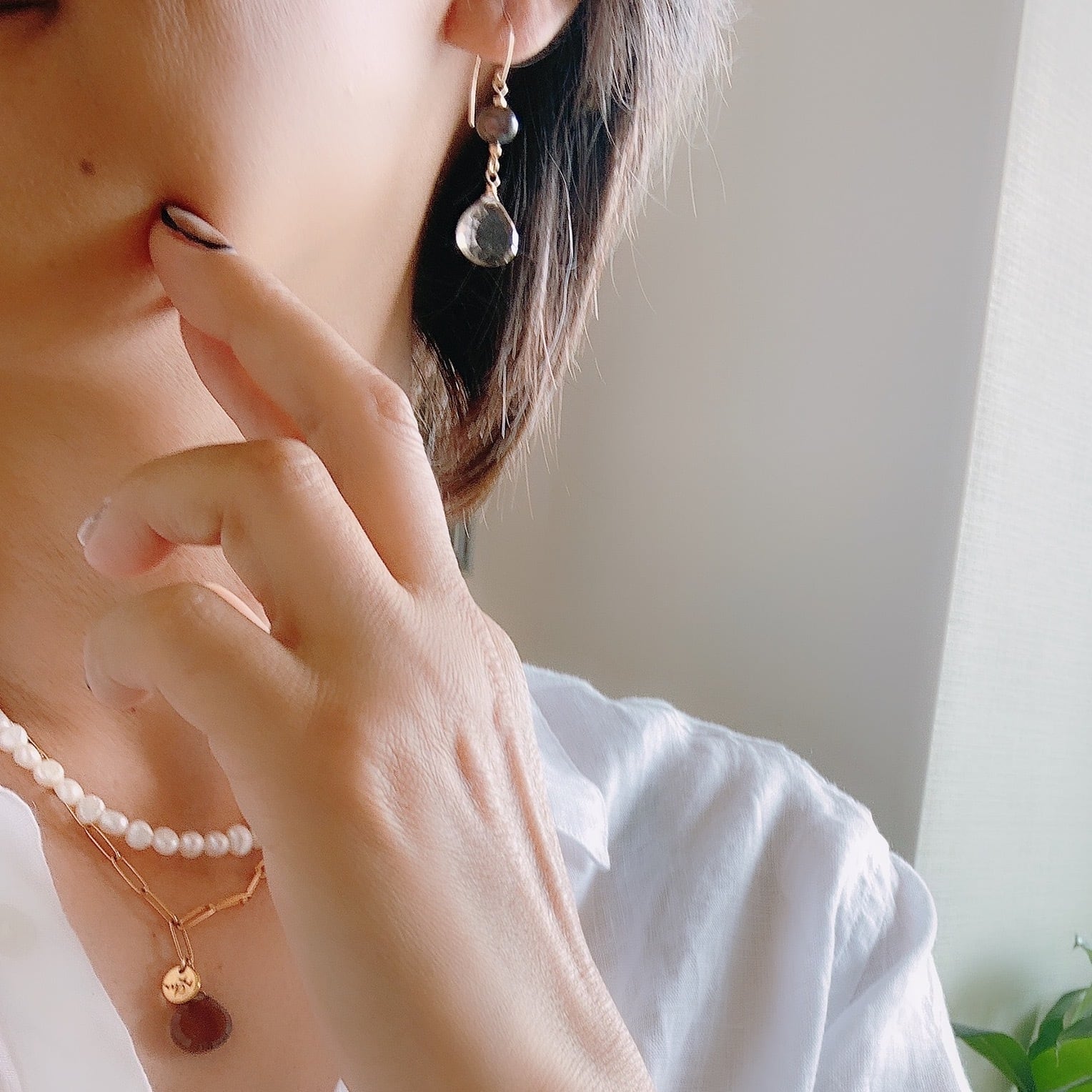 ご予約】スモーキークォーツの一粒ワイヤーデザインピアス