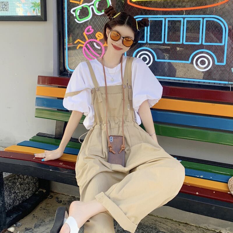 カーキオーバーオール サマースタイルルーズカジュアルパンツ ハイウェストウェストワイドレッグ 夏物 ワイドパンツ スーパーモール83641518147