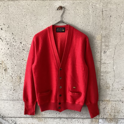 Red knit cardigan with bear embroidery
