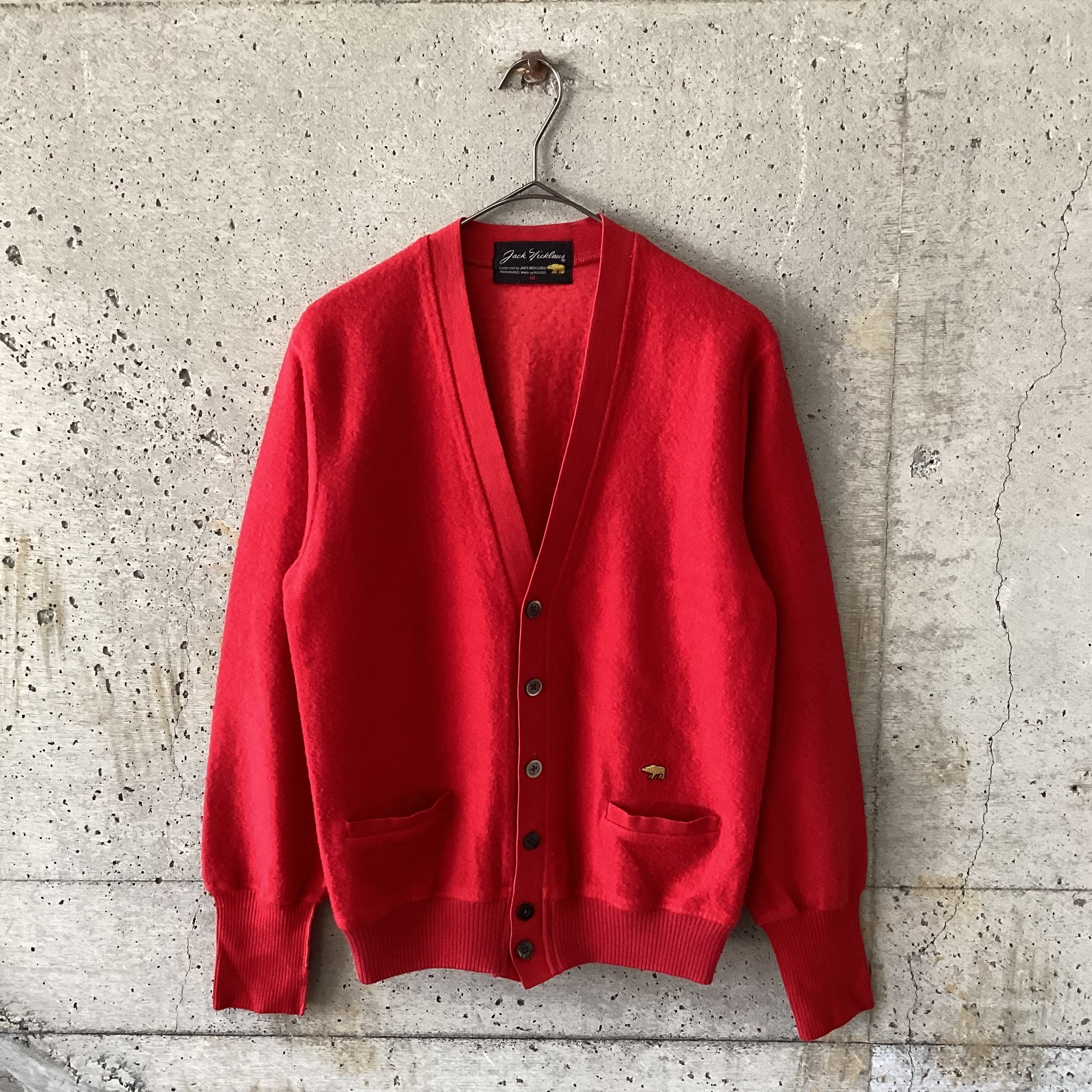 Red knit cardigan with bear embroidery