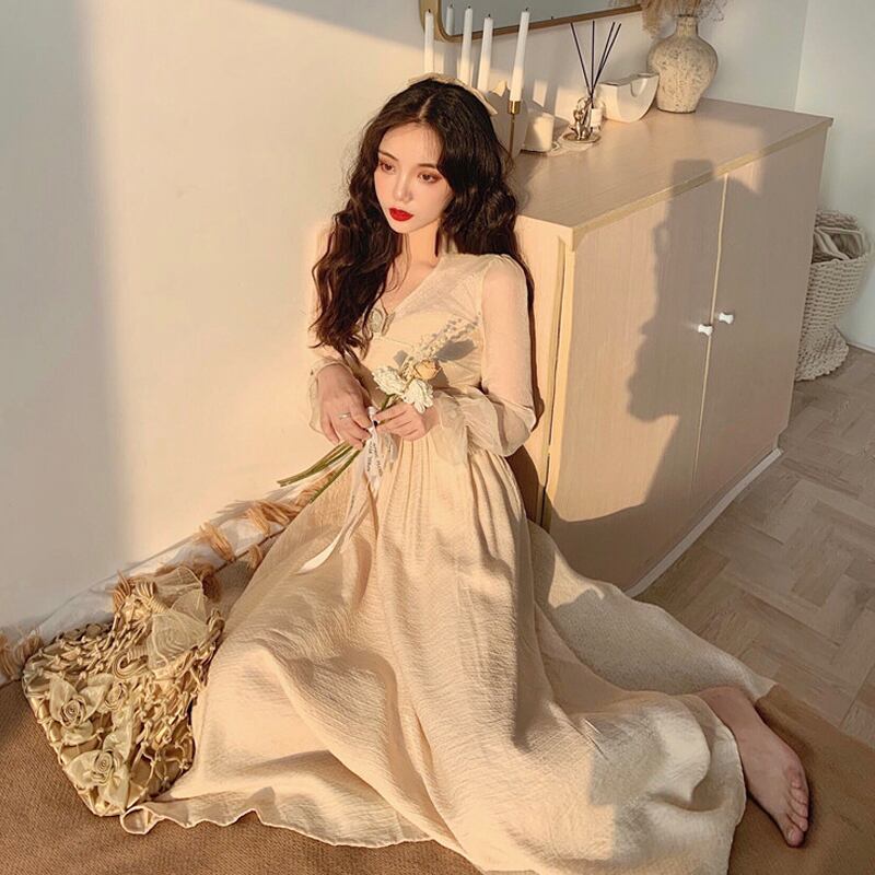 Vネックロングドレス レディーススプリングAラインスカート 春物 スーパーモール30650988015