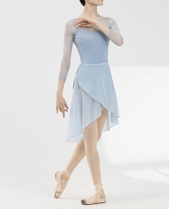 ロングスリーブ 七分袖 ブルーメッシュフラワー バレエレオタード