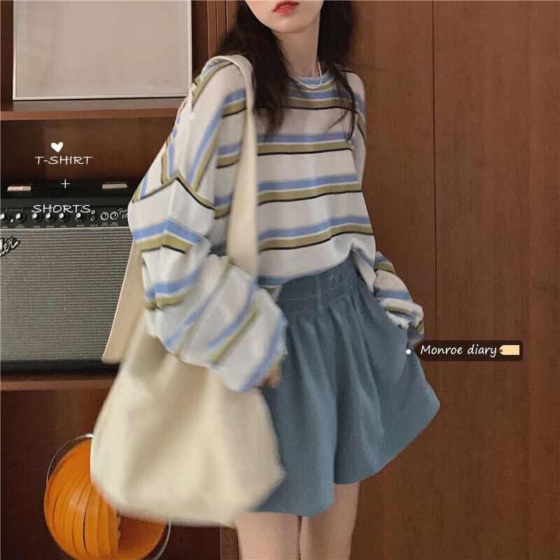 ストライプ薄手ルーズTシャツ サマーショート ロング 夏物 モンロー14064122635