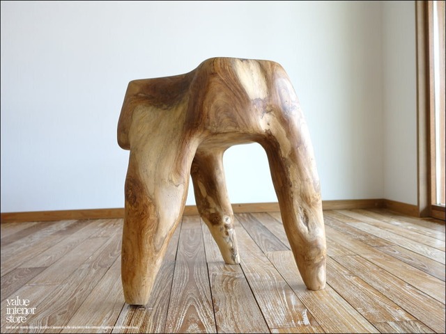 チーク無垢材 プリミティブベンチQuat スツール 椅子 チェア 飾り台 イス 花台 ナチュラル 削り出し 素朴 一点物 26kg