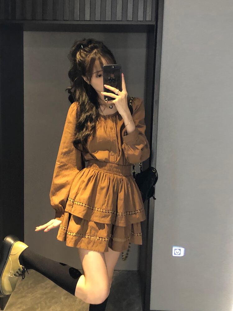 スカート オータムブラウンシャツ トップス ロング ストリート 秋物 モンロー15461994548