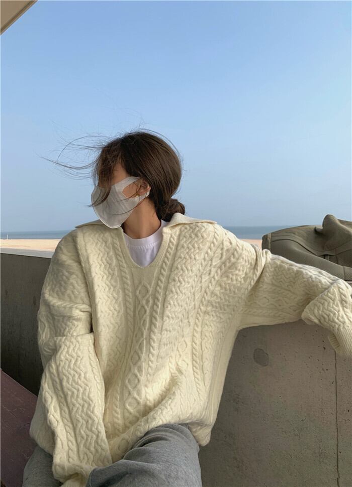 セーター レディースルーズホワイトニットトップス オータムウィンター 秋物 冬物 ブラックストロベリース9819324817