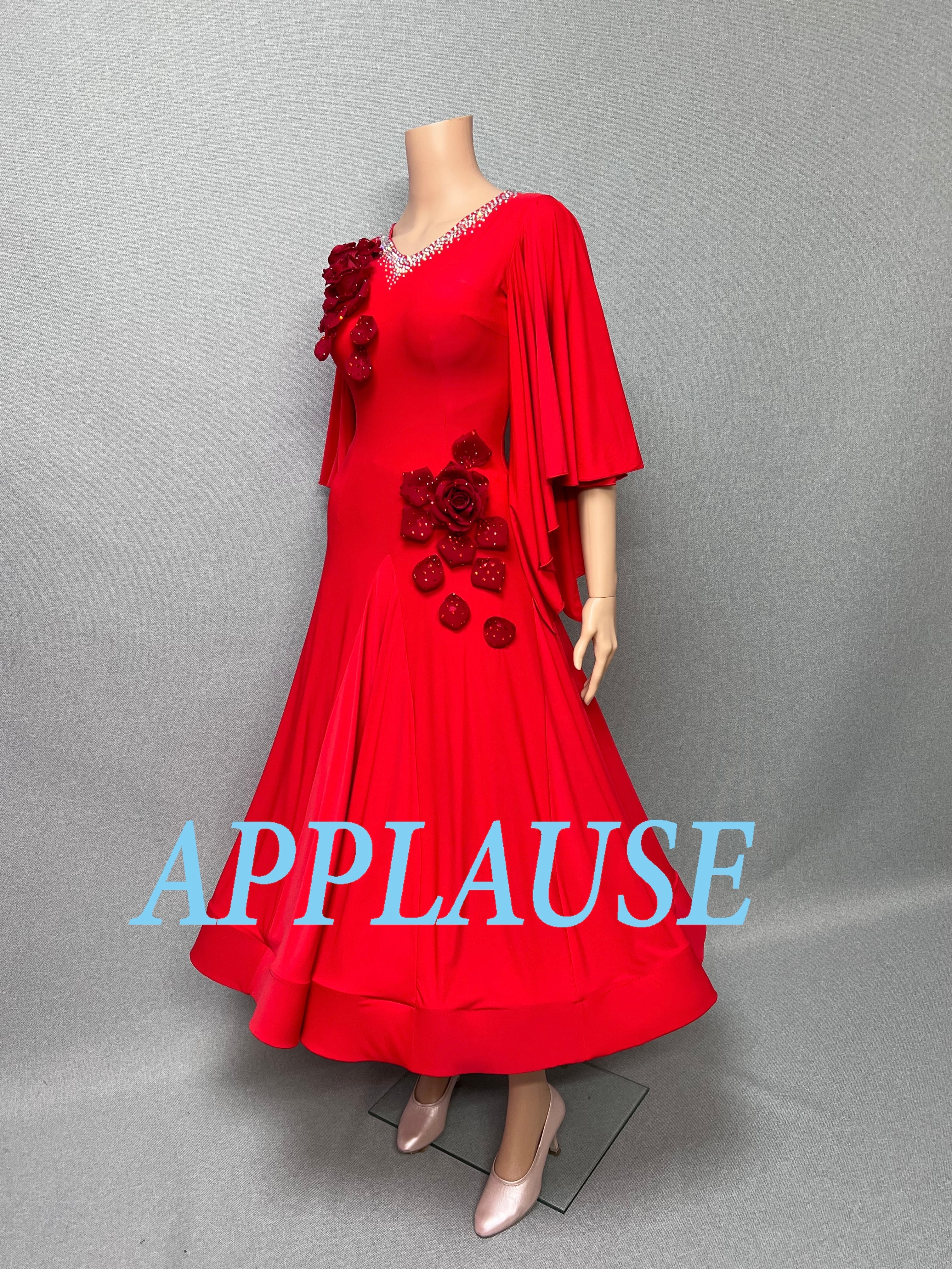 【新着】社交ダンス ドレス　モダン　スタンダード ドレス　ST-26-４　レッド（バラ）　M〜L　デモ・競技用ドレス　発表会　衣装　パーティドレス　ワンピース　舞台衣装