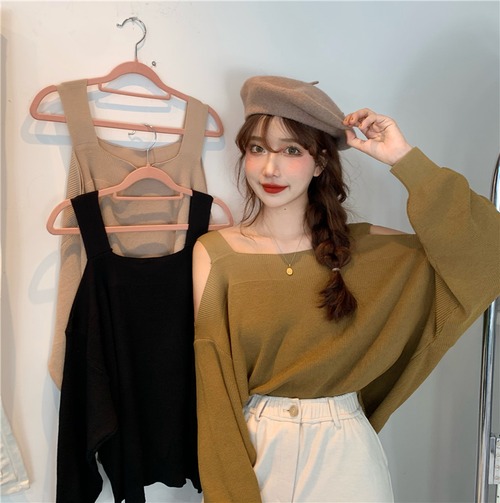 カットソー トップス ニットソー 袖あり 長袖 オフショルダー かわいい きれいめ カジュアル おしゃれ かっこいい 大人可愛い 無地 秋 冬 10代 20代 デート お出かけ 女子会 休日 着回し 普段使い  ワンサイズ ブラック グリーン ベージュ