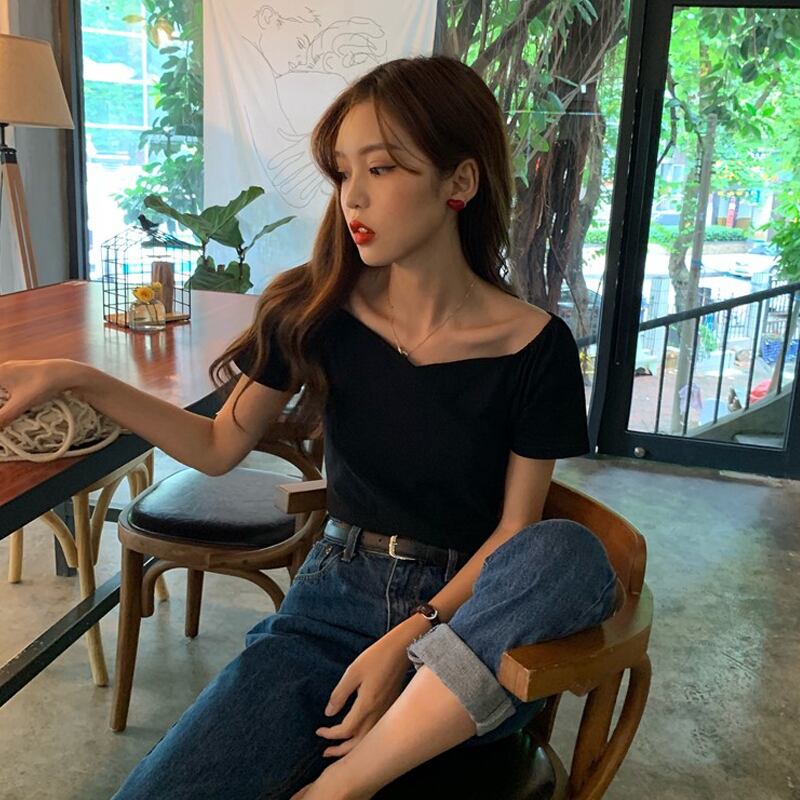 シャツ サマーブラックTシャツ ストラップレス薄手Vネックトップス 夏物 試着室20902258588