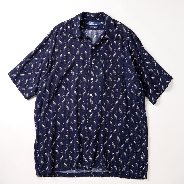 【極美品】90s Ralph Lauren special rayon shirt  S/S  "Flamingo"  mint condition  ／ ラルフローレン スペシャル レーヨン シャツ 半袖 サイズL ネイビー サマーシャツ 夏服 フラミンゴ