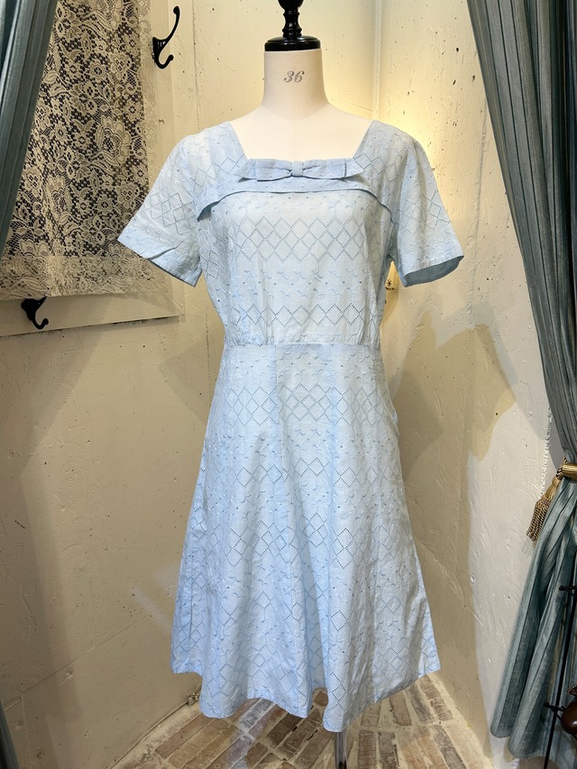 50's ice blue cotton lace dress