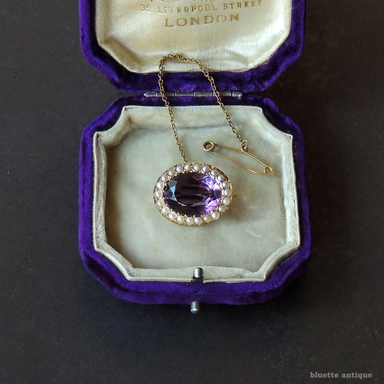 英国アンティークジュエリー 15ctゴールド 天然アメシスト 真珠 レースピン ブローチ（ソーティングメモ付）