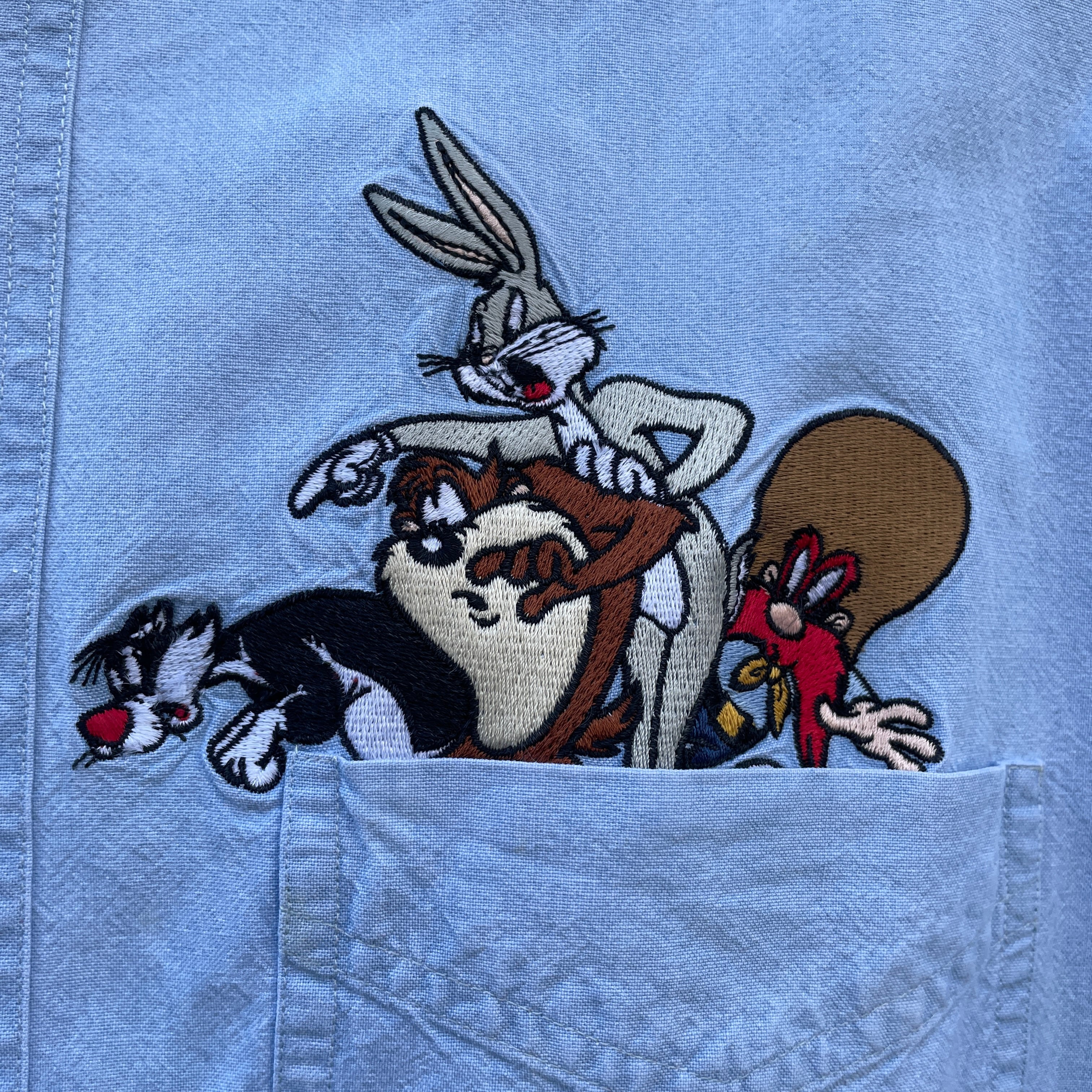 90年代 ルーニーテューンズ キャラクター刺繍 デニムシャツ メンズL