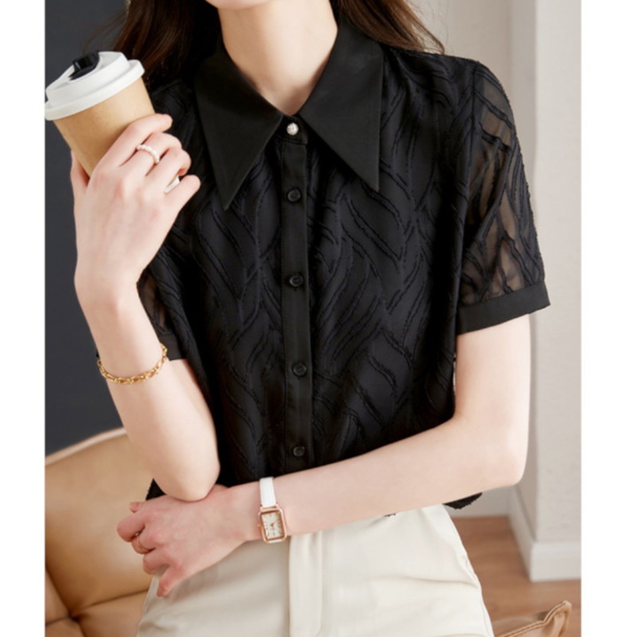 シースルーブラックシフォンブラウス A00404