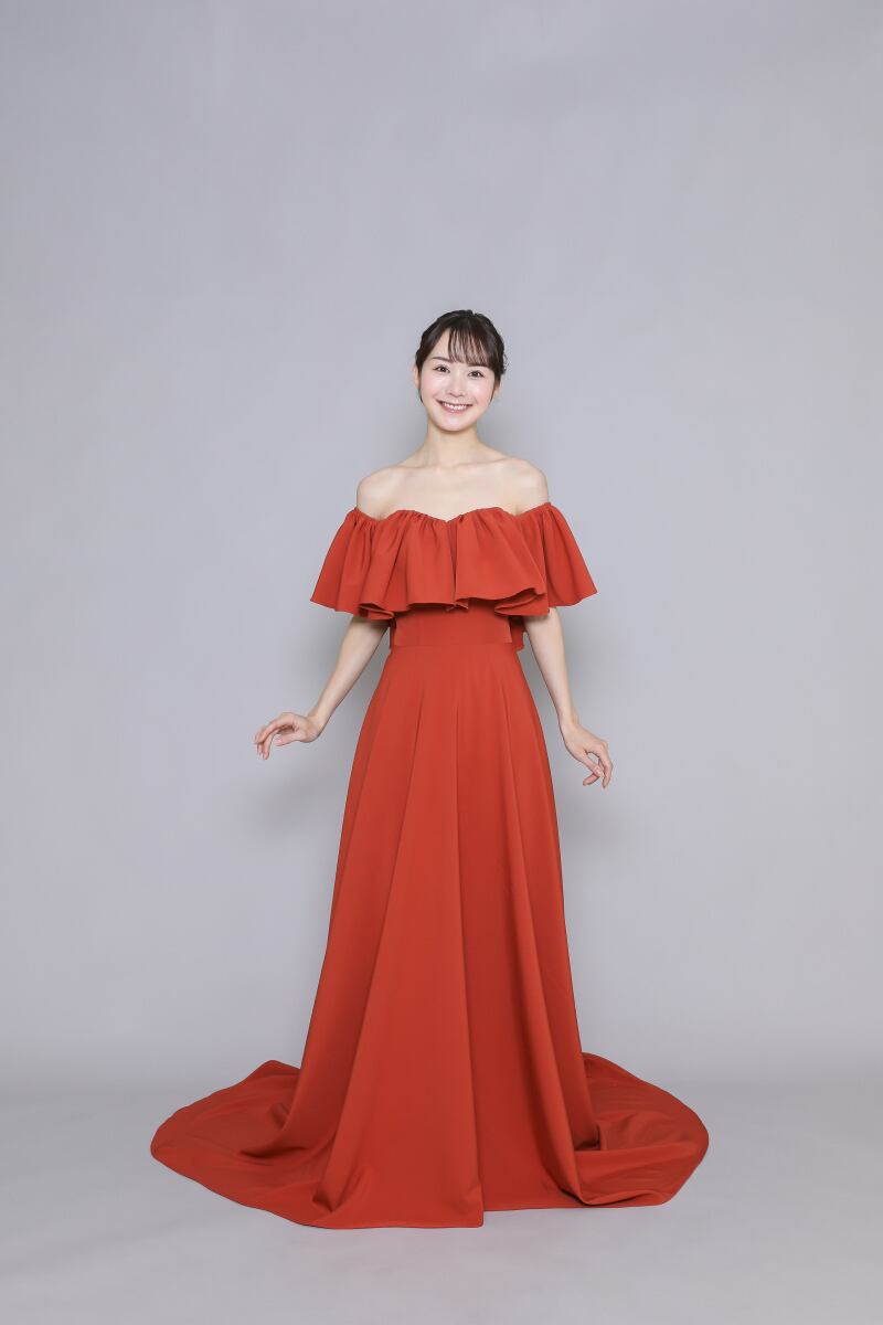 パーティードレス テラコッタ色 オフショルダー 編み上げ クレープ生地  
