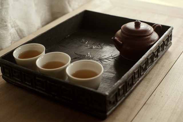 ヴィンテージ錫茶盤「竹に鳥」・浙江慈渓製　