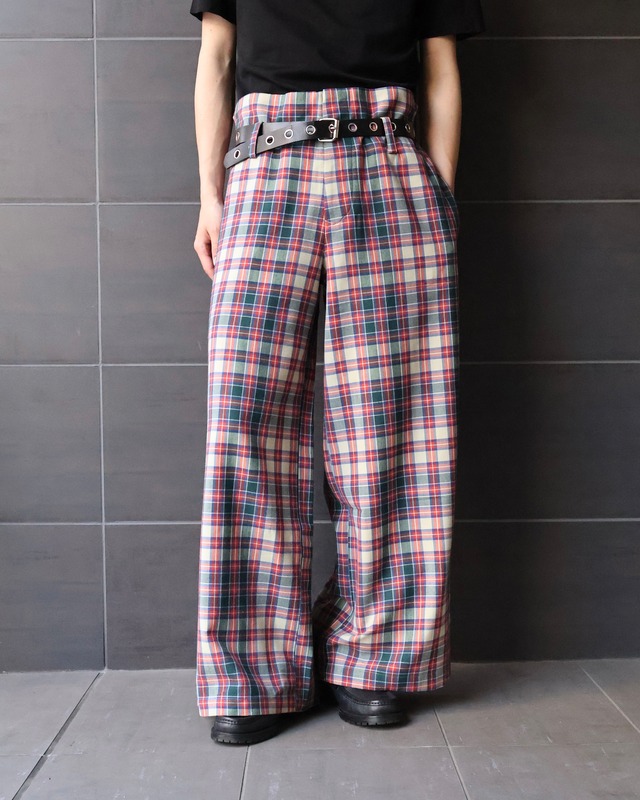 【Y's】check wide straight slacks