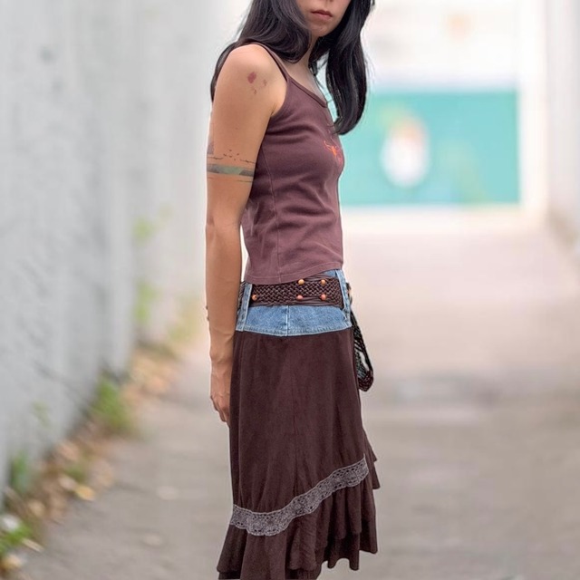【LADIES】Denim × Brown Suede Docking Skirt - Size 40