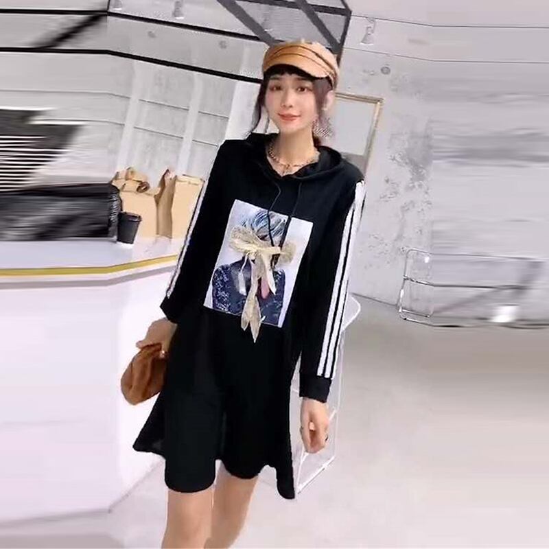 プラスサイズの女性の2020年秋の新しい脂肪姉妹ルーズで薄いシンプルでファッショナブルな長袖フード付きカジュアルドレス ミックスインファッション54772173455