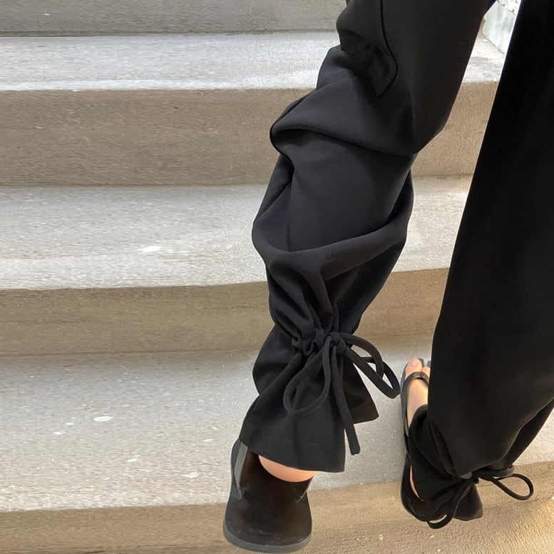 裾リボンパンツ】リラックス 裾コンシャス ブラックパンツ 可愛い
