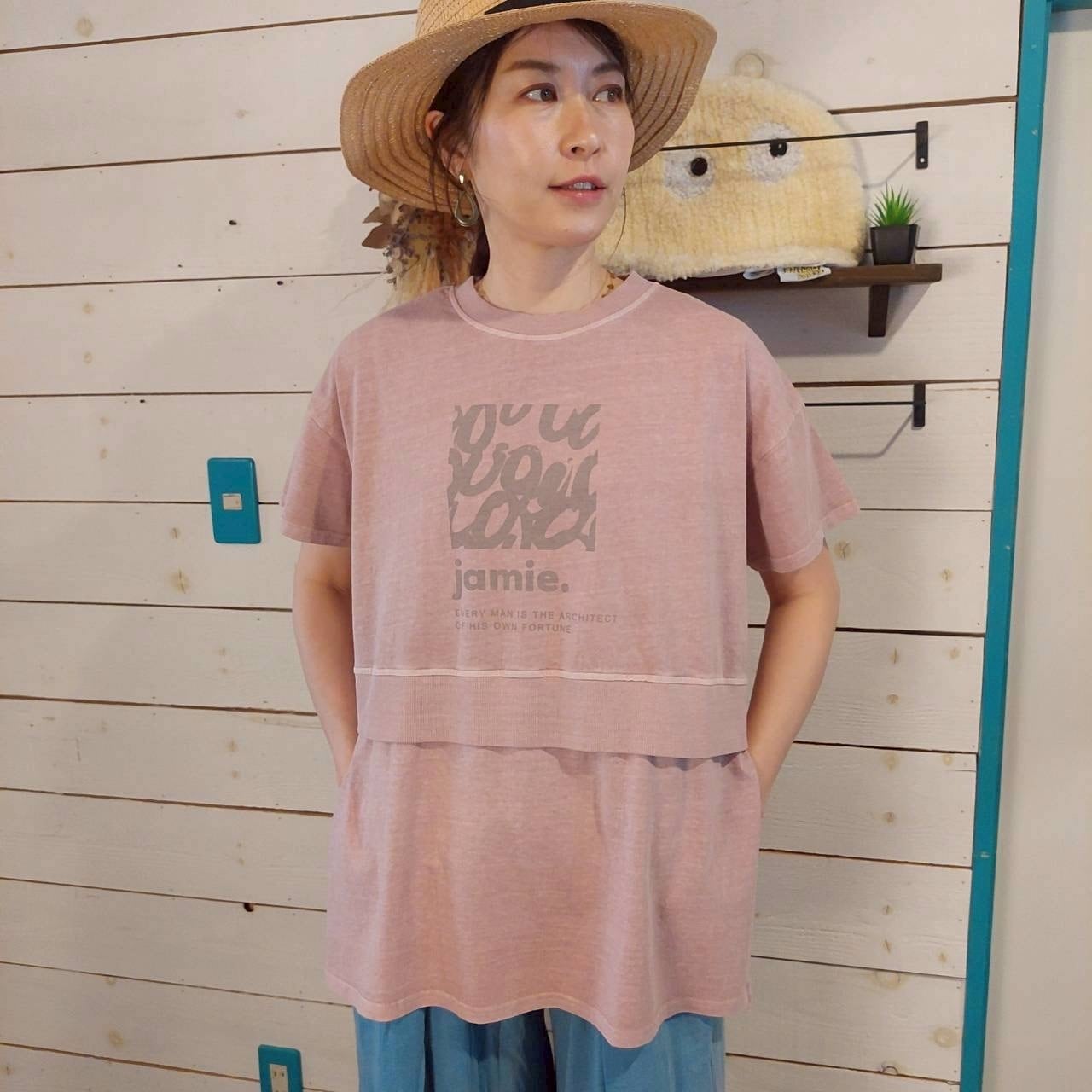 『People's』2916  天竺ピグメント加工レイヤード風ロゴTシャツ　