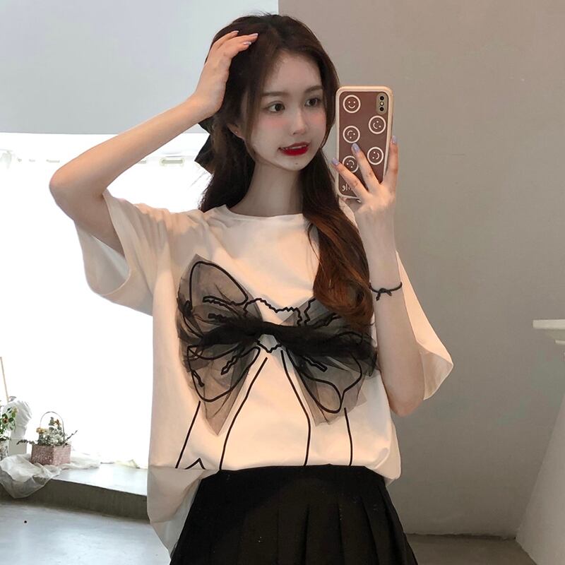 サマーメッシュリボンTシャツ レディースルーズホワイトトップス 夏物 YY-ファッション80881453876